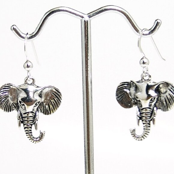 Sterling Silver Elephant Earrings Drop Dangle Oxidized French Hooks - Picture 1 of 4